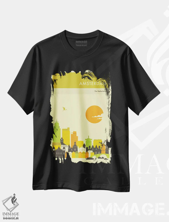تیشرت مشکی طرح دار خط افق آمستردام، هنر دیجیتال اثر جازبری بلو | فروشگاه ایماژ