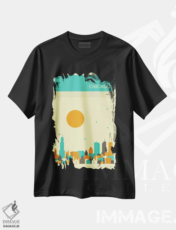 تیشرت مشکی طرح دار خط افق شیکاگو ۲، هنر دیجیتال اثر جازبری بلو | فروشگاه ایماژ