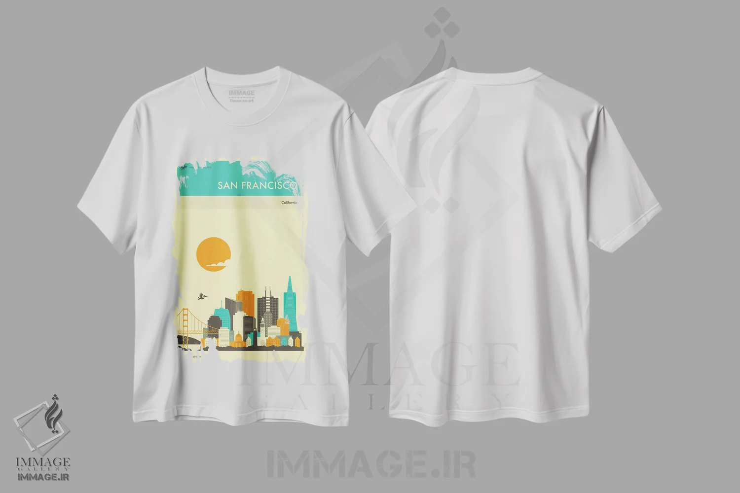 تیشرت سفید طرح دار افق شهر سان فرانسیسکو II، هنر دیجیتال اثر جازبری بلو | فروشگاه ایماژ