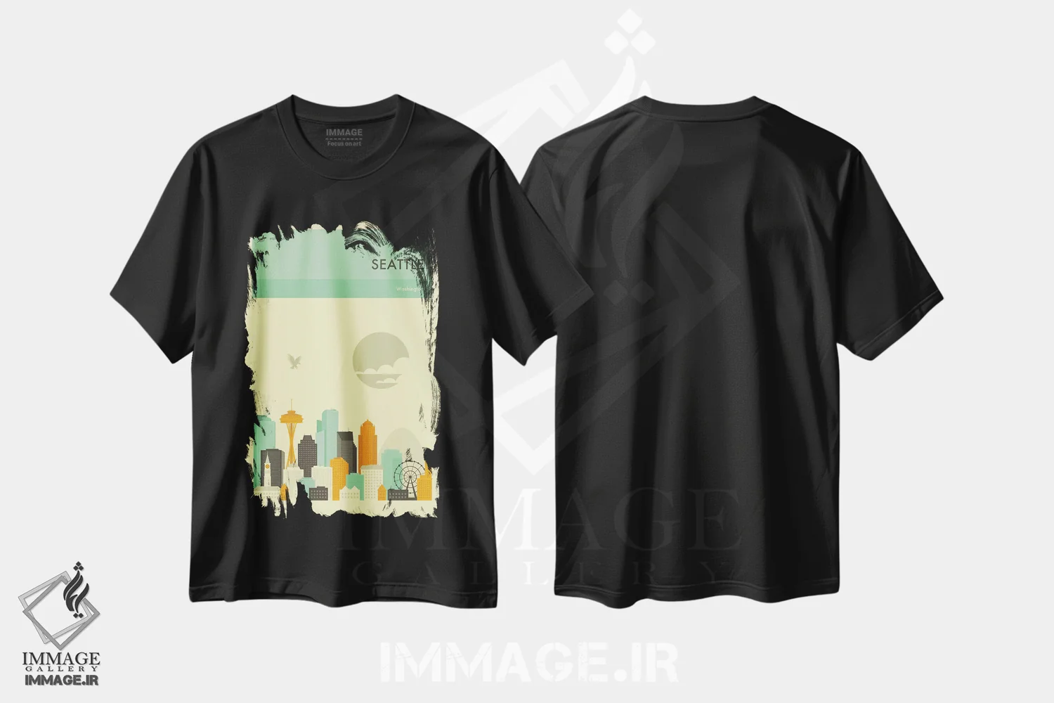 تیشرت مشکی طرح دار افق شهر سیاتل، هنر دیجیتال اثر جازبری بلو | فروشگاه ایماژ