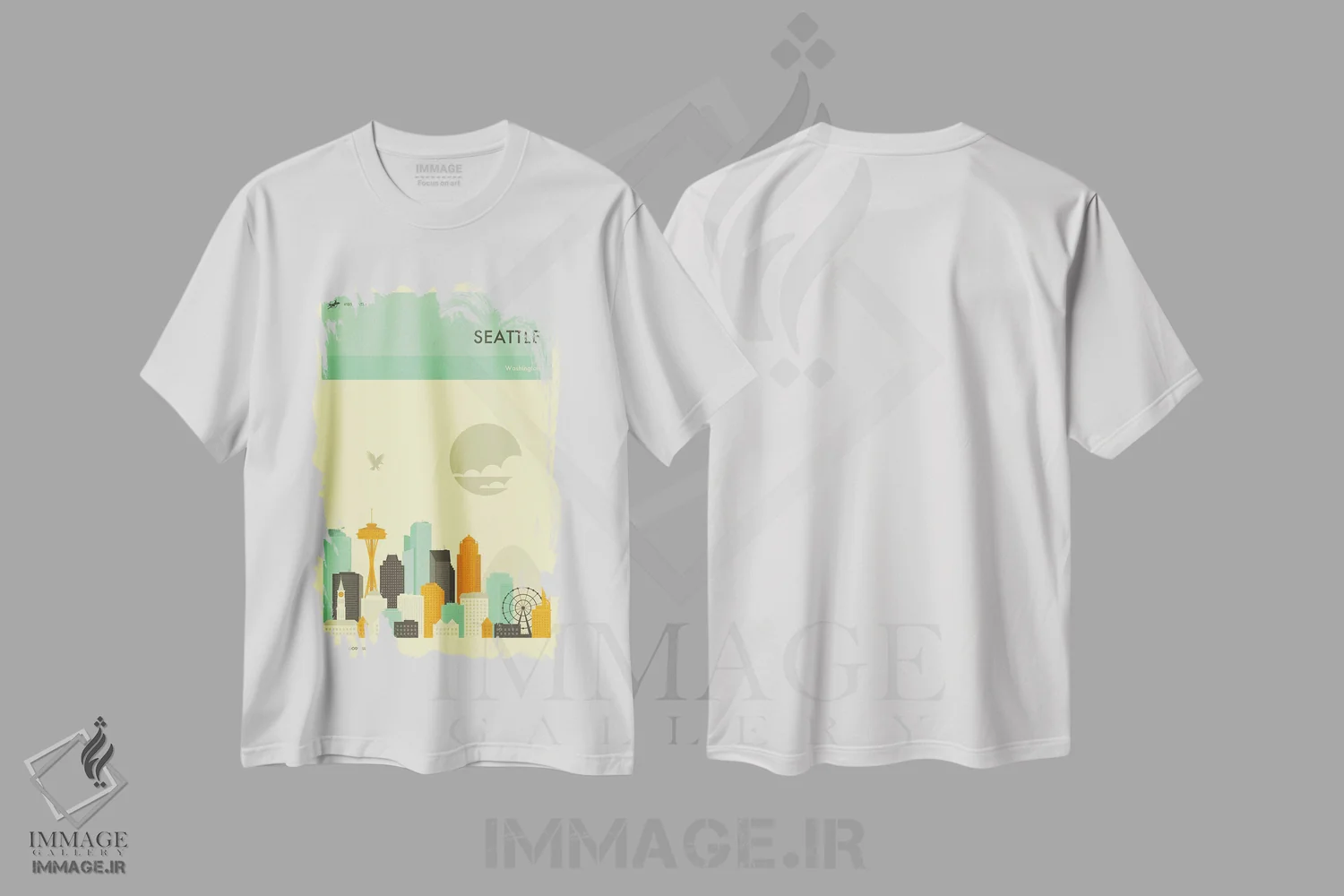 تیشرت سفید طرح دار افق شهر سیاتل، هنر دیجیتال اثر جازبری بلو | immage.ir