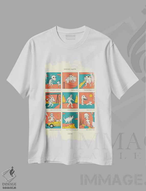تیشرت سفید طرح دار موجودات ناشناخته آمریکایی صفحه I، تزئینی اثر جازبری بلو | فروشگاه ایماژ