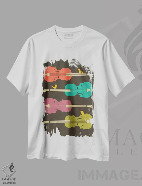 تیشرت سفید طرح دار پرندگان روی سیم ویولنسل، تزئینی اثر جازبری بلو | immage.ir