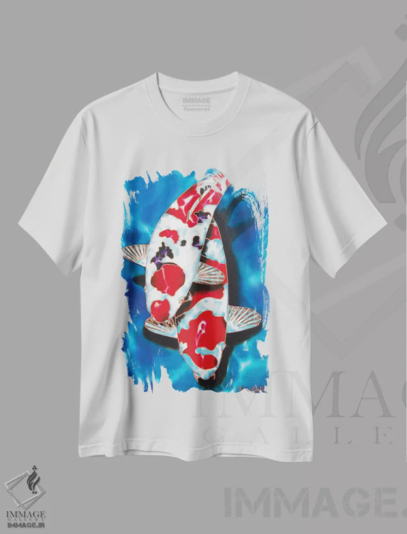 تیشرت سفید طرح دار ۲ ماهی کوی، دکور آسیایی اثر دنیل ژان-باپتیست | فروشگاه ایماژ