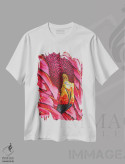تیشرت سفید طرح دار فلامینگوی شعله ور، هنر فاخر معاصر اثر دنیل ژان-باپتیست | فروشگاه ایماژ