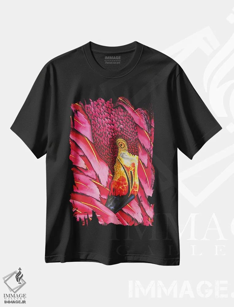 تیشرت مشکی طرح دار فلامینگوی شعله ور، هنر فاخر معاصر اثر دنیل ژان-باپتیست | immage.ir