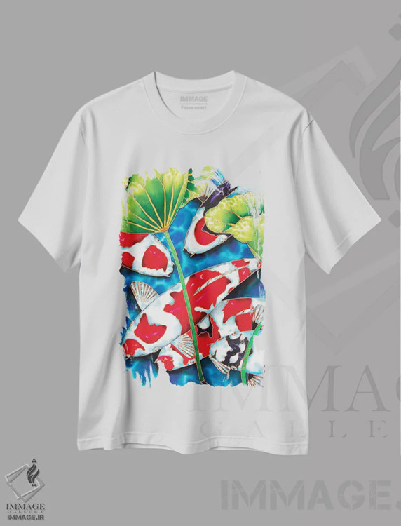 تیشرت سفید طرح دار باغ نیلوفر آبی، دکور آسیایی اثر دنیل ژان-باپتیست | فروشگاه ایماژ