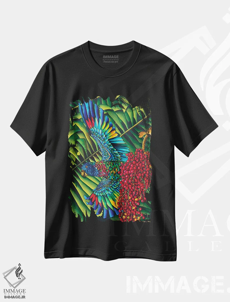 تیشرت مشکی طرح دار پرندهٔ بهشت سن لوسیا، هنر فاخر معاصر اثر دنیل ژان-باپتیست | immage.ir