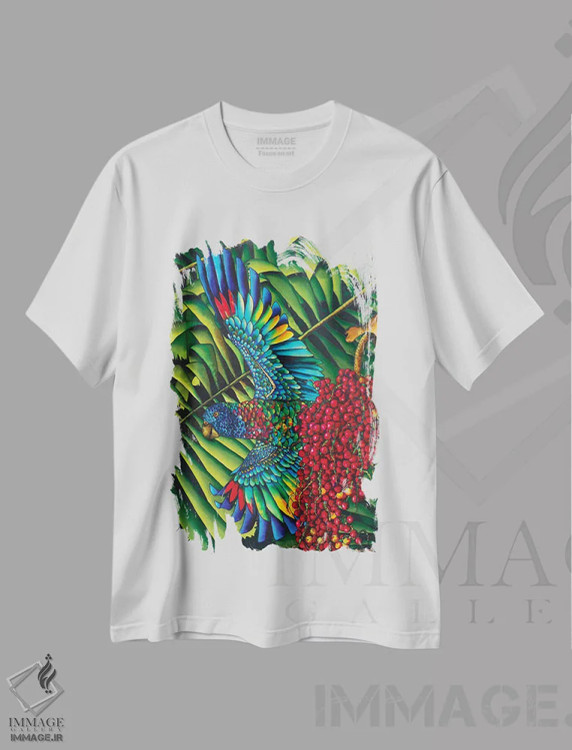تیشرت سفید طرح دار پرندهٔ بهشت سن لوسیا، هنر فاخر معاصر اثر دنیل ژان-باپتیست | فروشگاه ایماژ