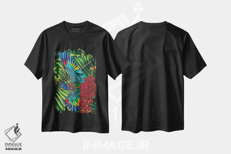 تیشرت مشکی طرح دار پرندهٔ بهشت سن لوسیا، هنر فاخر معاصر اثر دنیل ژان-باپتیست | immage.ir