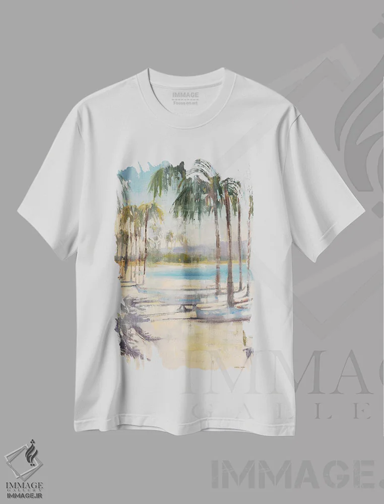 تیشرت سفید طرح دار نخل های ساحلی ۱، هنر فاخر معاصر اثر جوزف کیتس | immage.ir