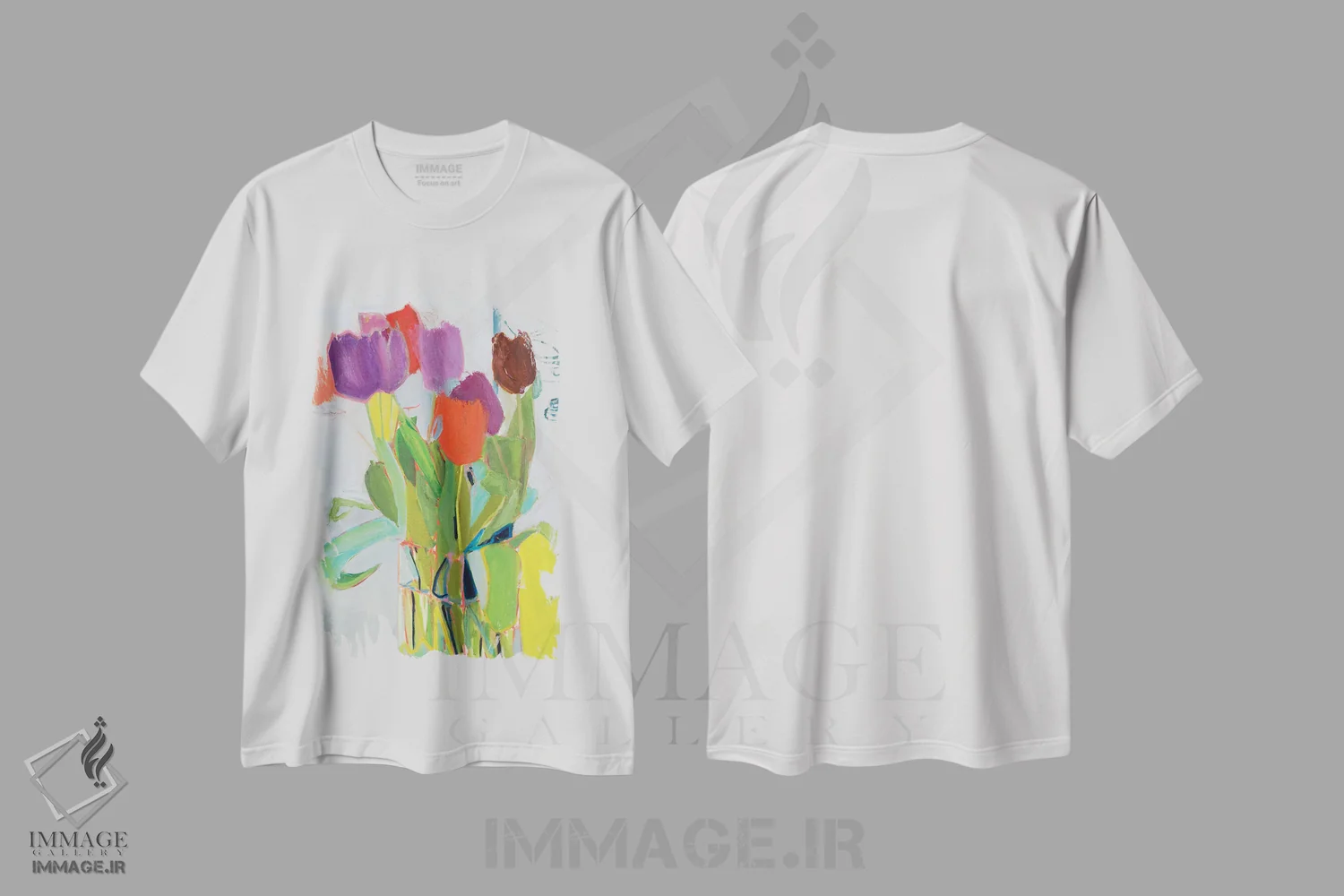 تیشرت سفید طرح دار لاله ها و دو خودرو، آبستره اثر جسیکا سینگرمن | فروشگاه ایماژ