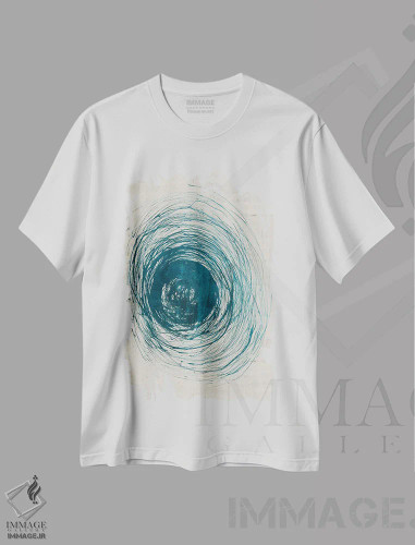 تیشرت سفید طرح دار چرخش های سبزآبی، آبستره اثر جیکوب کیو | فروشگاه ایماژ