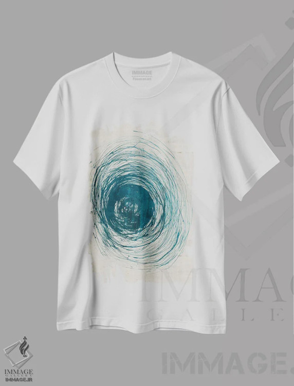 تیشرت سفید طرح دار چرخش های سبزآبی، آبستره اثر جیکوب کیو | فروشگاه ایماژ