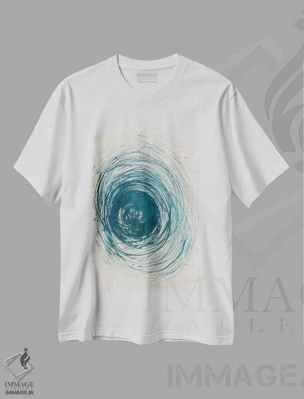 تیشرت سفید طرح دار چرخش های سبزآبی، آبستره اثر جیکوب کیو | فروشگاه ایماژ