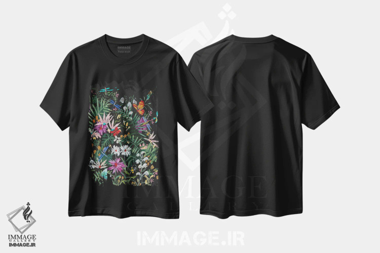 تیشرت مشکی طرح دار گل های وحشی نیمه شب، دکور معاصر اثر جیکوب کیو | فروشگاه ایماژ