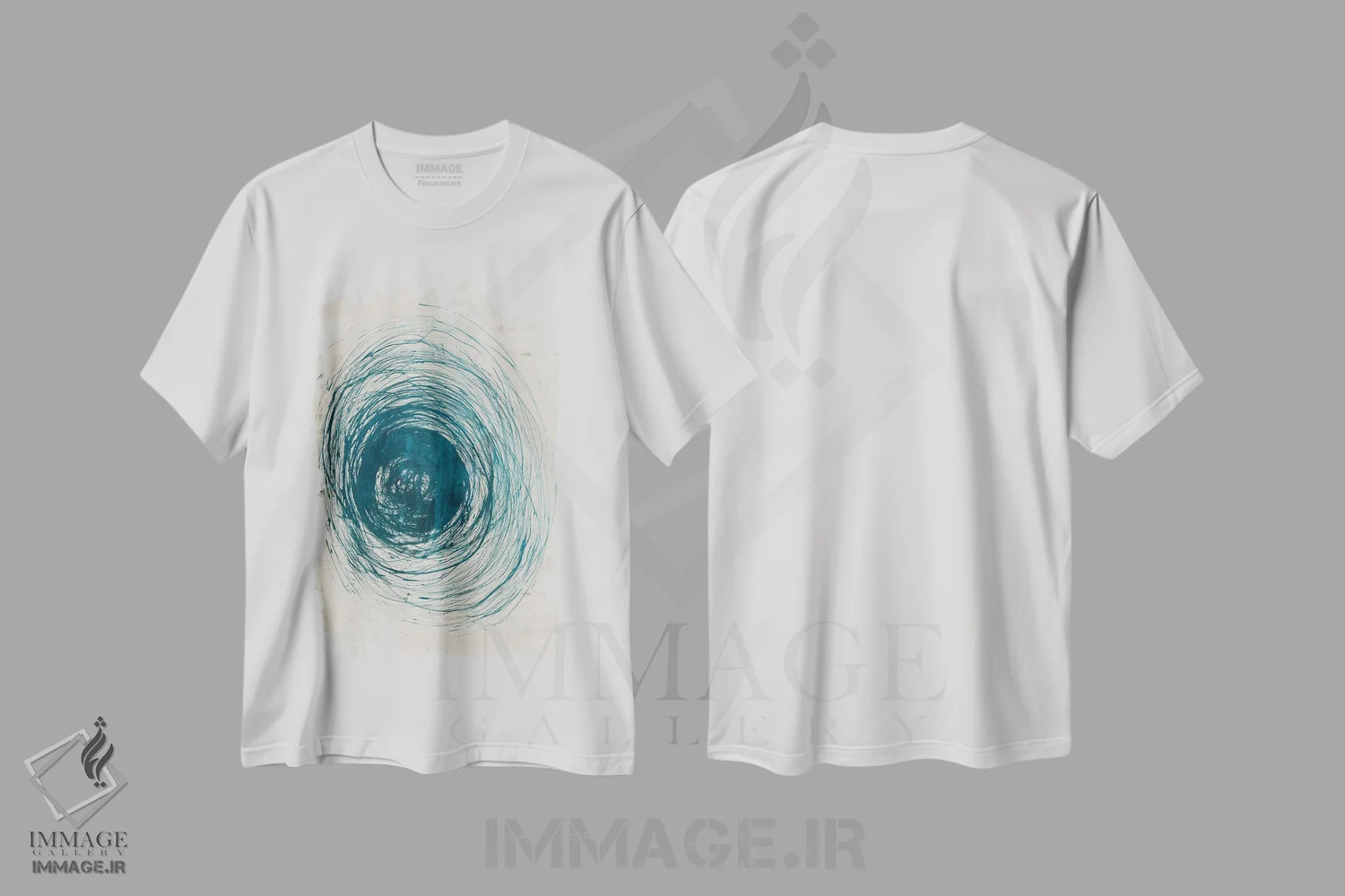 تیشرت سفید طرح دار چرخش های سبزآبی، آبستره اثر جیکوب کیو | فروشگاه ایماژ