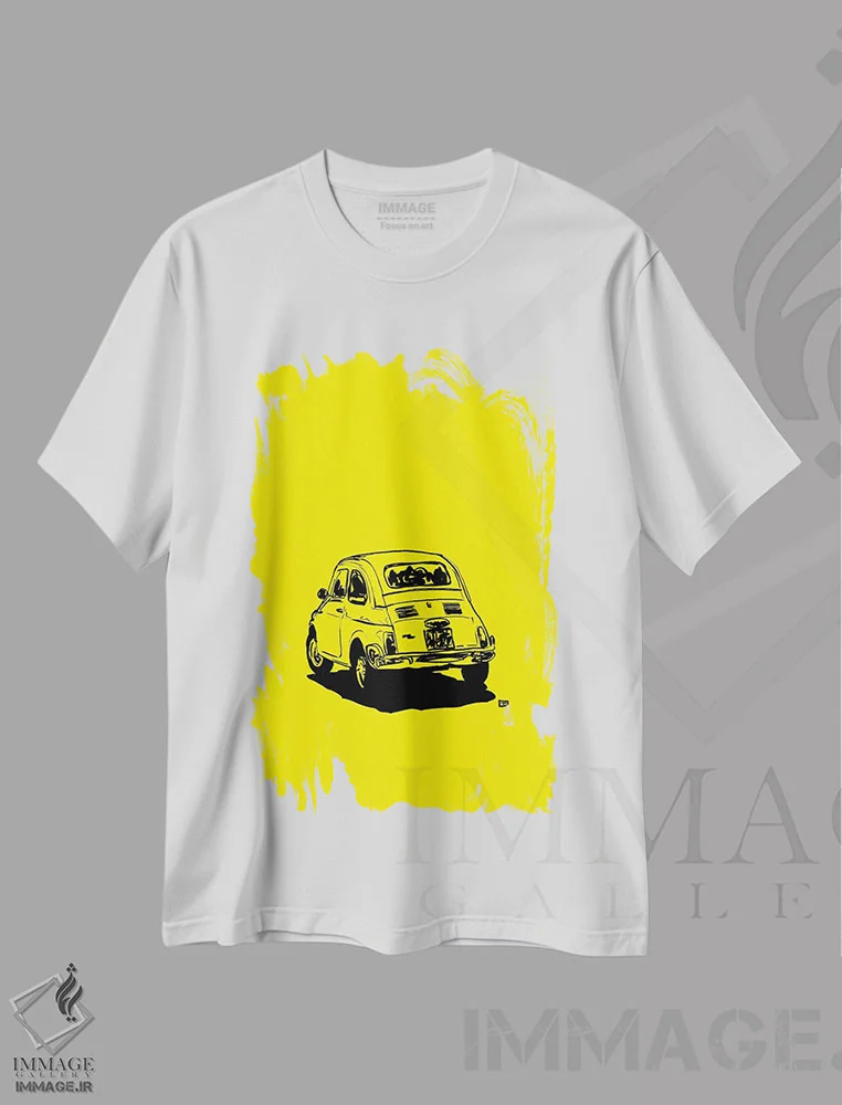 تیشرت سفید طرح دار فیات ۵۰۰ زردرنگ، هنر فاخر معاصر اثر جوزپه کریستیانو | فروشگاه ایماژ