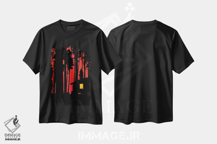 تیشرت مشکی طرح دار کلبه در جنگل، هنر فاخر معاصر اثر جوزپه کریستیانو | فروشگاه ایماژ