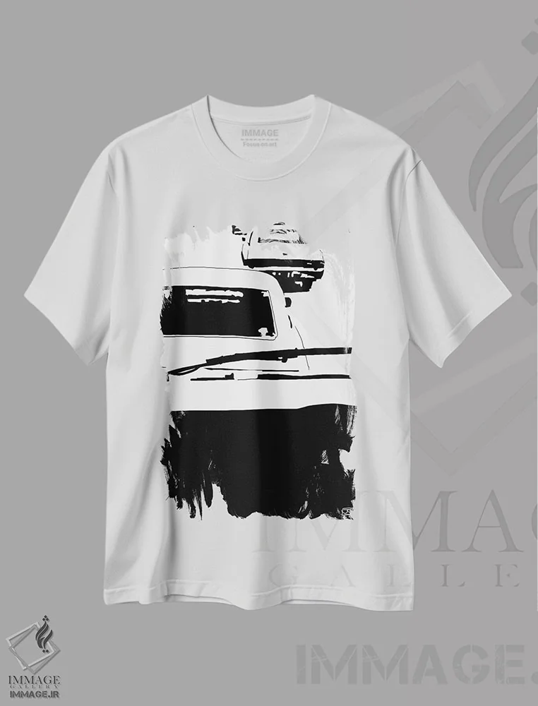 تیشرت سفید طرح دار ماشین های کلاسیک ۲، هنر تزئینی سیاه و سفید اثر جوزپه کریستیانو | فروشگاه ایماژ