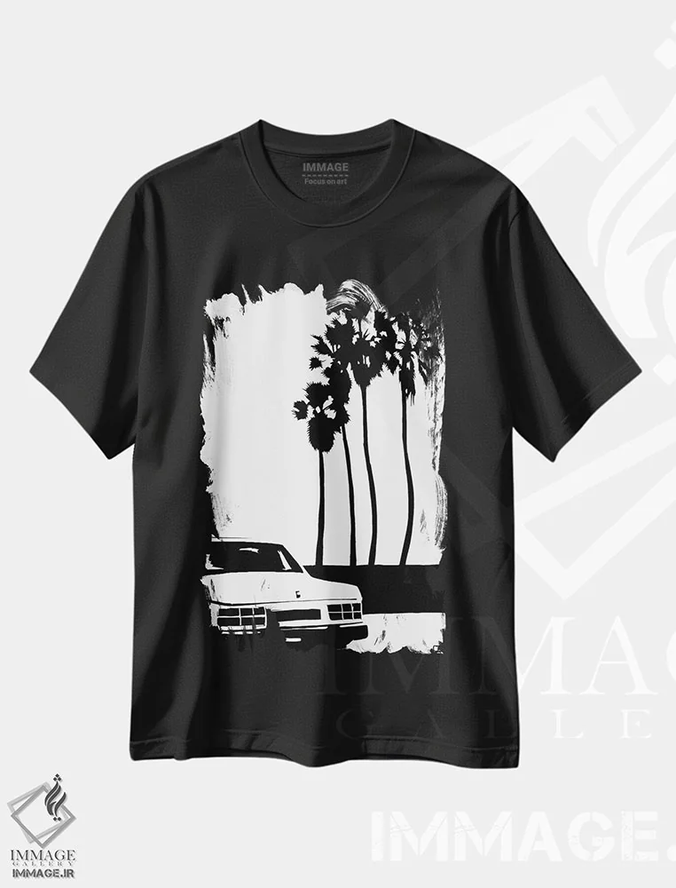 تیشرت مشکی طرح دار ماشین و نخل ها، هنر تزئینی سیاه و سفید اثر جوزپه کریستیانو | immage.ir