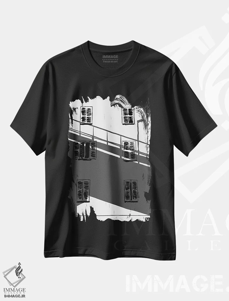 تیشرت مشکی طرح دار سایه روی ساختمان، هنر تزئینی سیاه و سفید اثر جوزپه کریستیانو | فروشگاه ایماژ