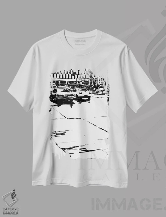 تیشرت سفید طرح دار باران می بارد، هنر تزئینی سیاه و سفید اثر جوزپه کریستیانو | فروشگاه ایماژ