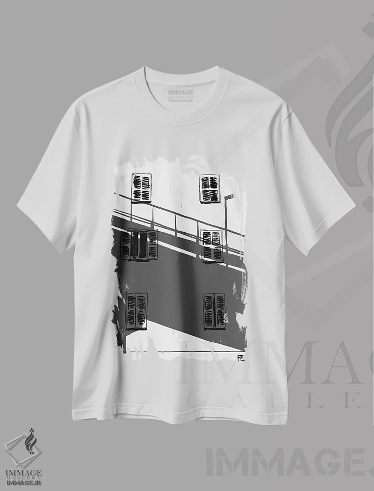 تیشرت سفید طرح دار سایه روی ساختمان، هنر تزئینی سیاه و سفید اثر جوزپه کریستیانو | immage.ir