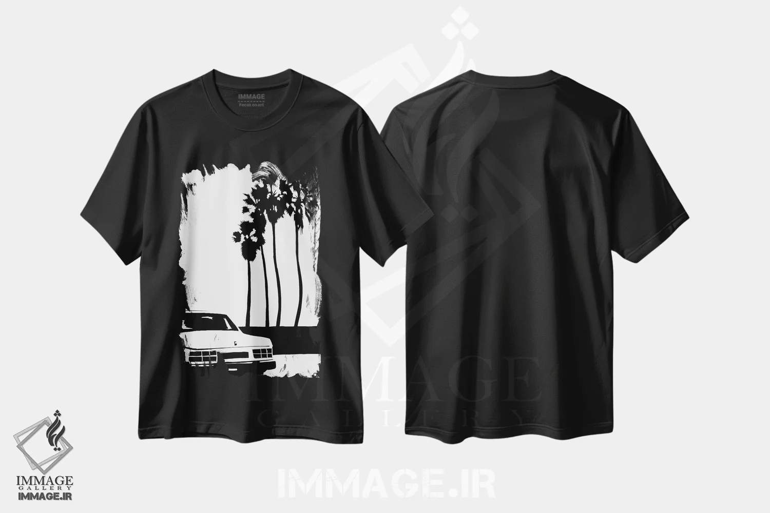 تیشرت مشکی طرح دار ماشین و نخل ها، هنر تزئینی سیاه و سفید اثر جوزپه کریستیانو | immage.ir