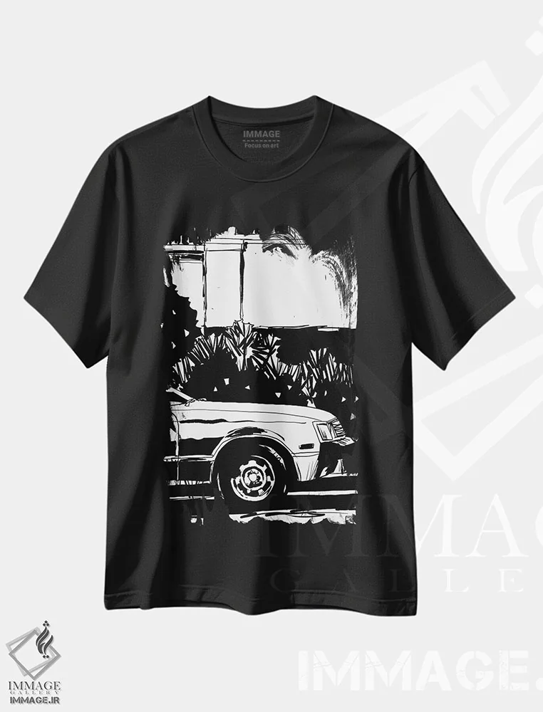 تیشرت مشکی طرح دار پارک شده، هنر تزئینی سیاه و سفید اثر جوزپه کریستیانو | فروشگاه ایماژ