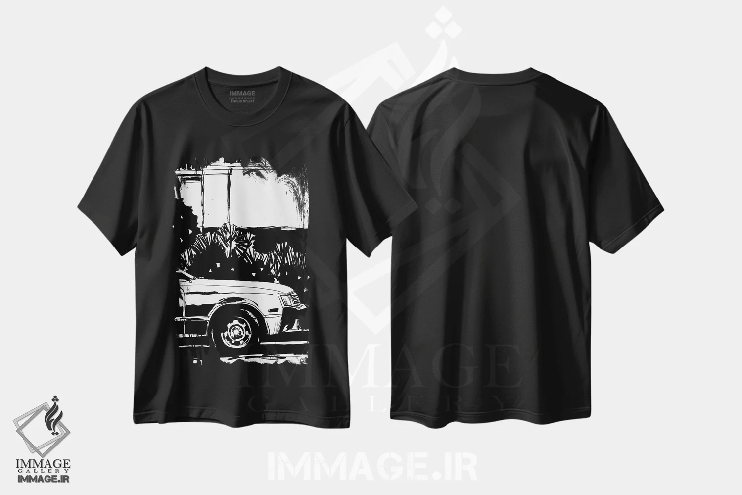 تیشرت مشکی طرح دار پارک شده، هنر تزئینی سیاه و سفید اثر جوزپه کریستیانو | فروشگاه ایماژ