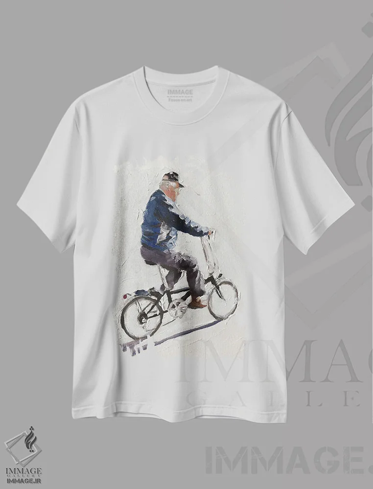 تیشرت سفید طرح دار پیرمرد دوچرخه سوار، دکور معاصر اثر جیمز کوتز | فروشگاه ایماژ
