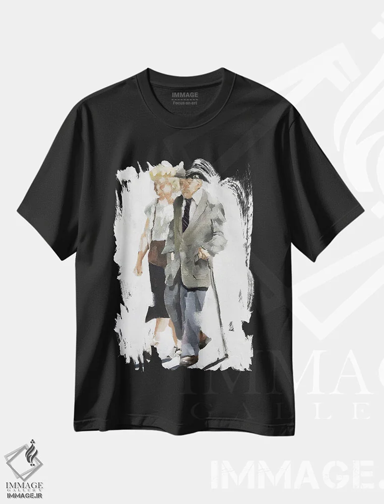 تیشرت مشکی طرح دار زوج پیر در حال قدم زدن، دکور معاصر اثر جیمز کوتز | فروشگاه ایماژ