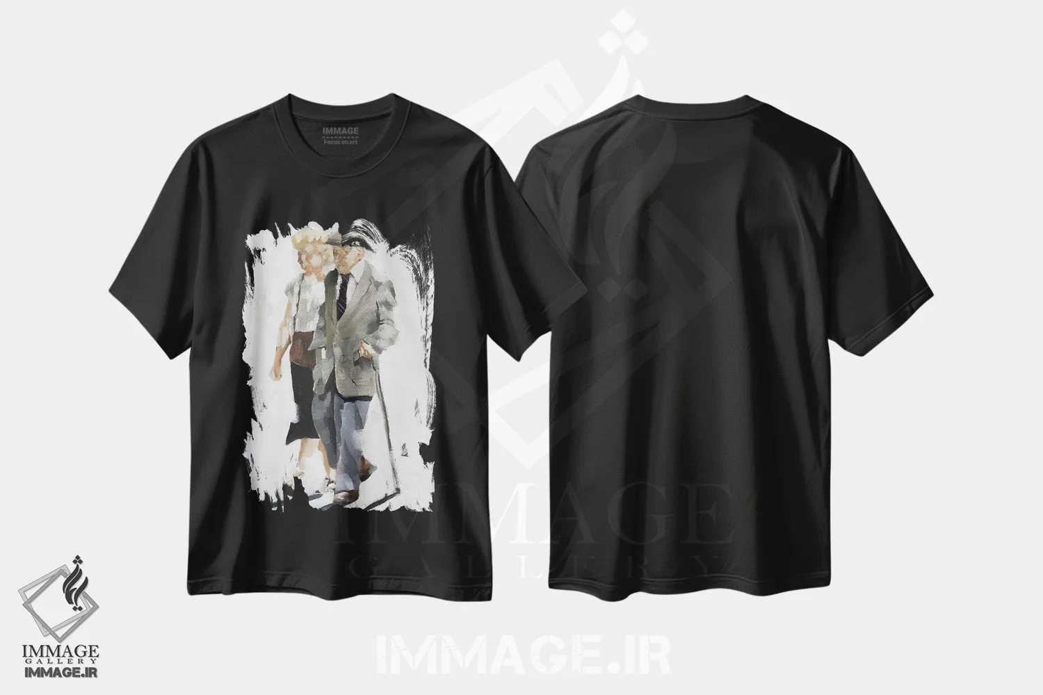 تیشرت مشکی طرح دار زوج پیر در حال قدم زدن، دکور معاصر اثر جیمز کوتز | فروشگاه ایماژ