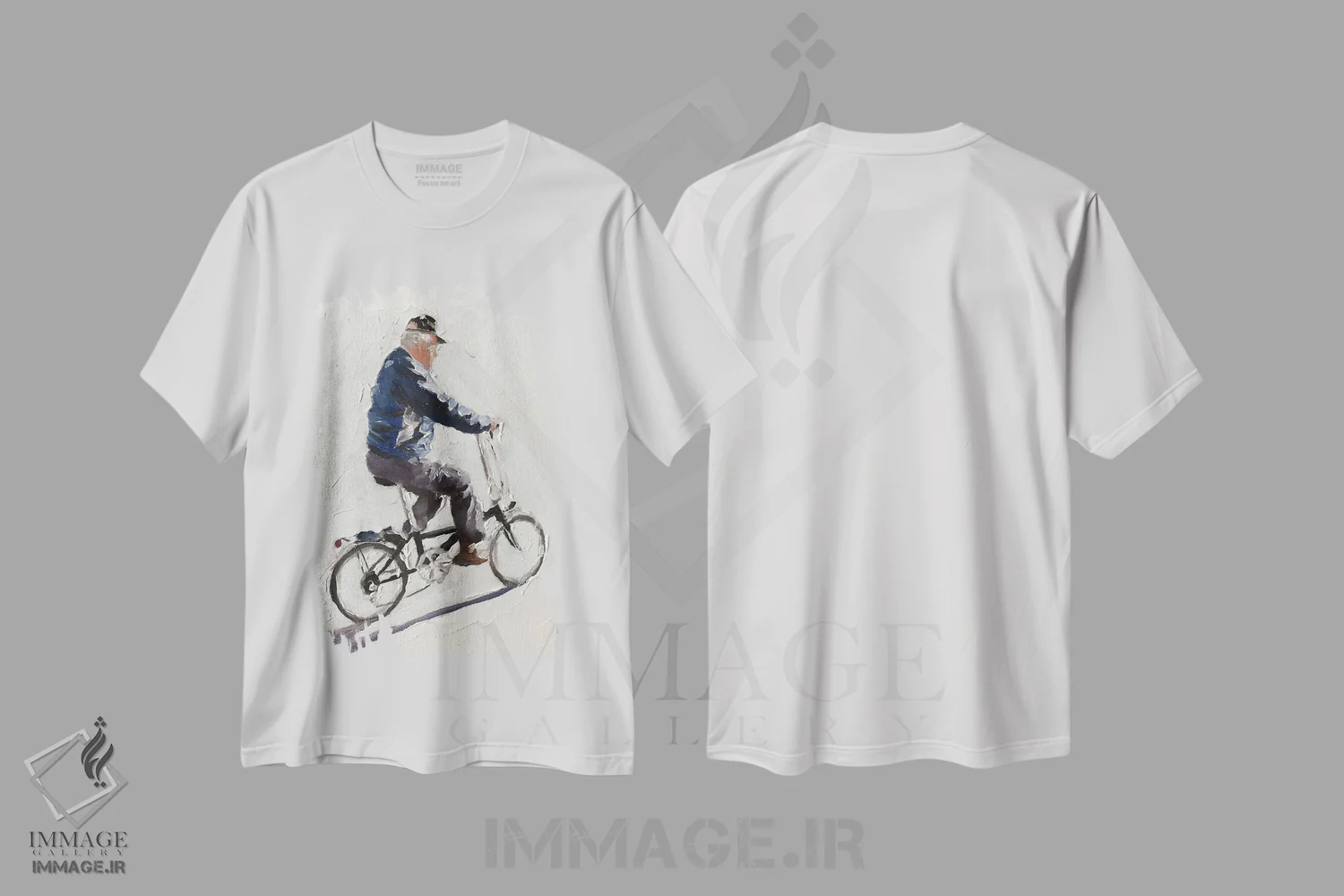 تیشرت سفید طرح دار پیرمرد دوچرخه سوار، دکور معاصر اثر جیمز کوتز | فروشگاه ایماژ