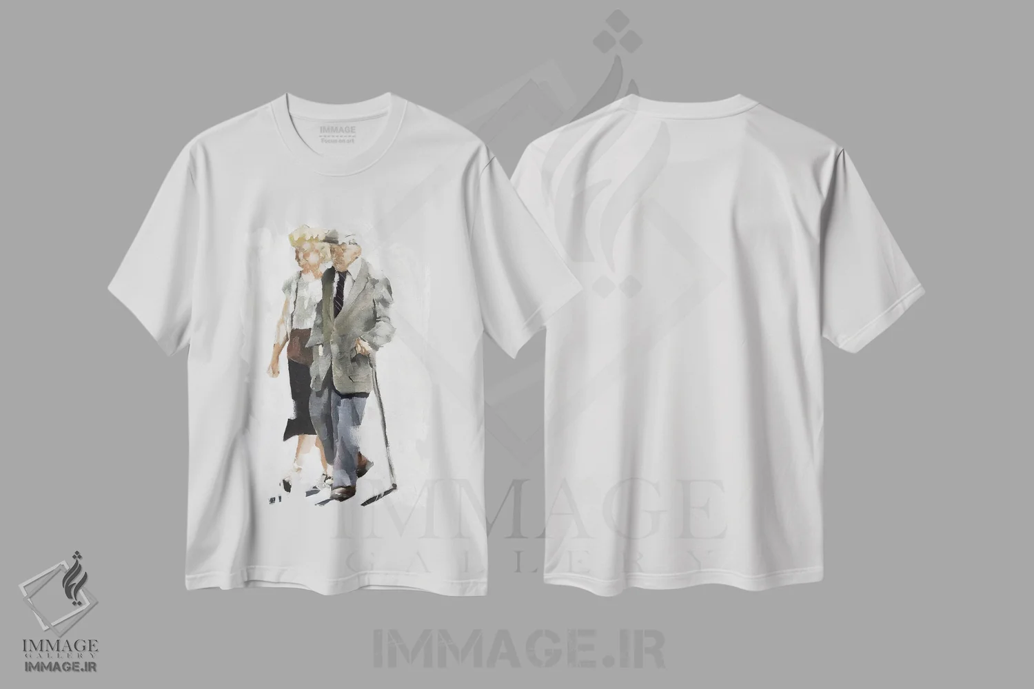 تیشرت سفید طرح دار زوج پیر در حال قدم زدن، دکور معاصر اثر جیمز کوتز | immage.ir