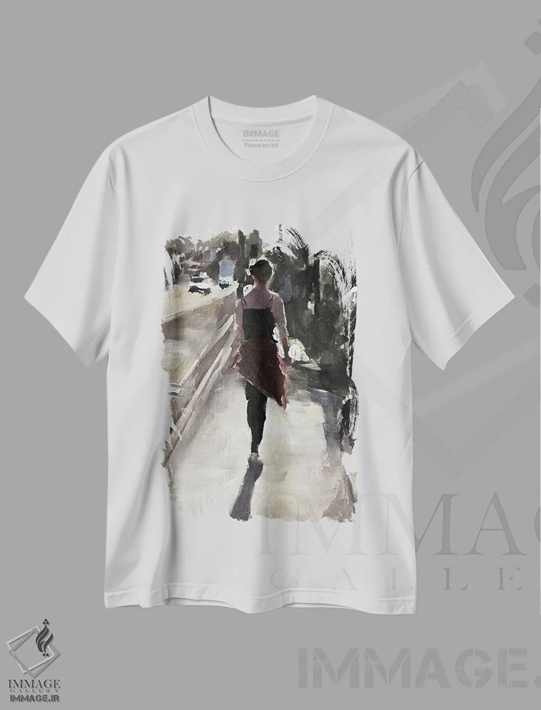 تیشرت سفید طرح دار پیاده روی خیابانی با سگ، دکور معاصر اثر جیمز کوتز | فروشگاه ایماژ