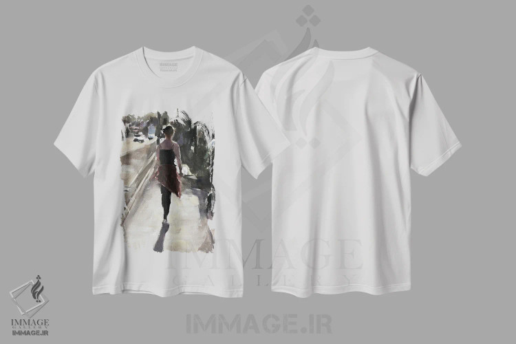 تیشرت سفید طرح دار پیاده روی خیابانی با سگ، دکور معاصر اثر جیمز کوتز | فروشگاه ایماژ