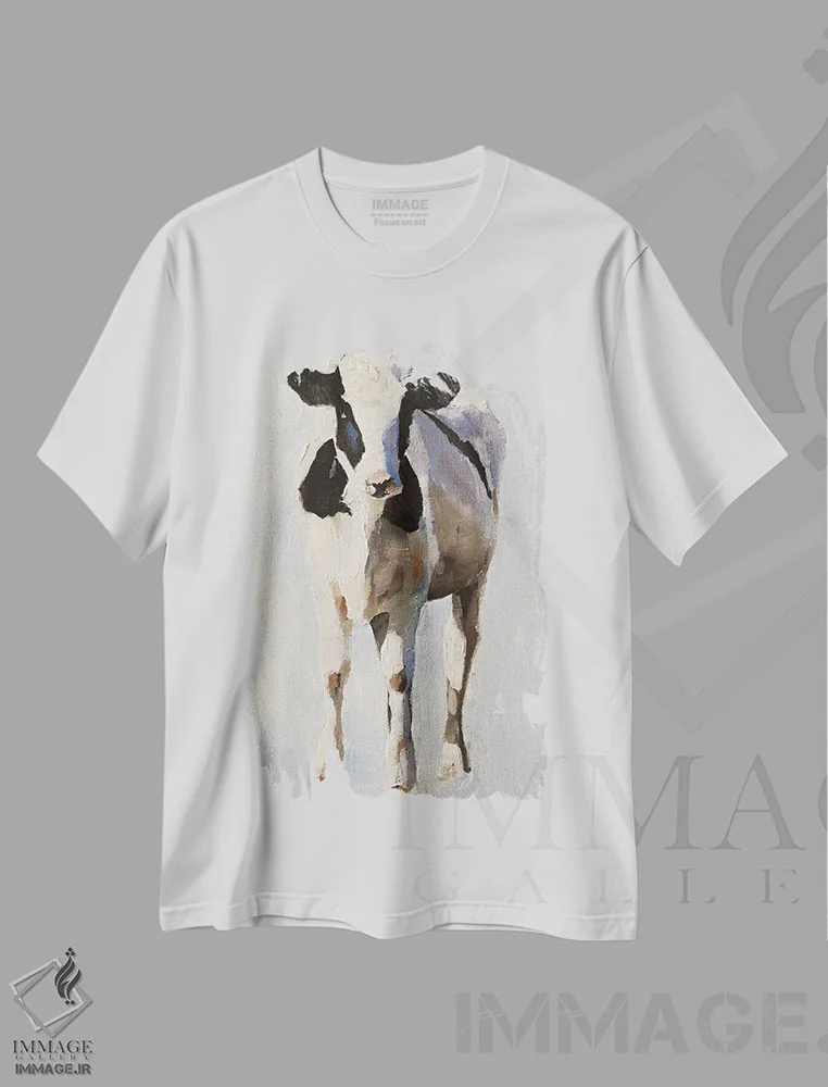 تیشرت سفید طرح دار پرترهٔ گاو، دکور معاصر اثر جیمز کوتز | فروشگاه ایماژ