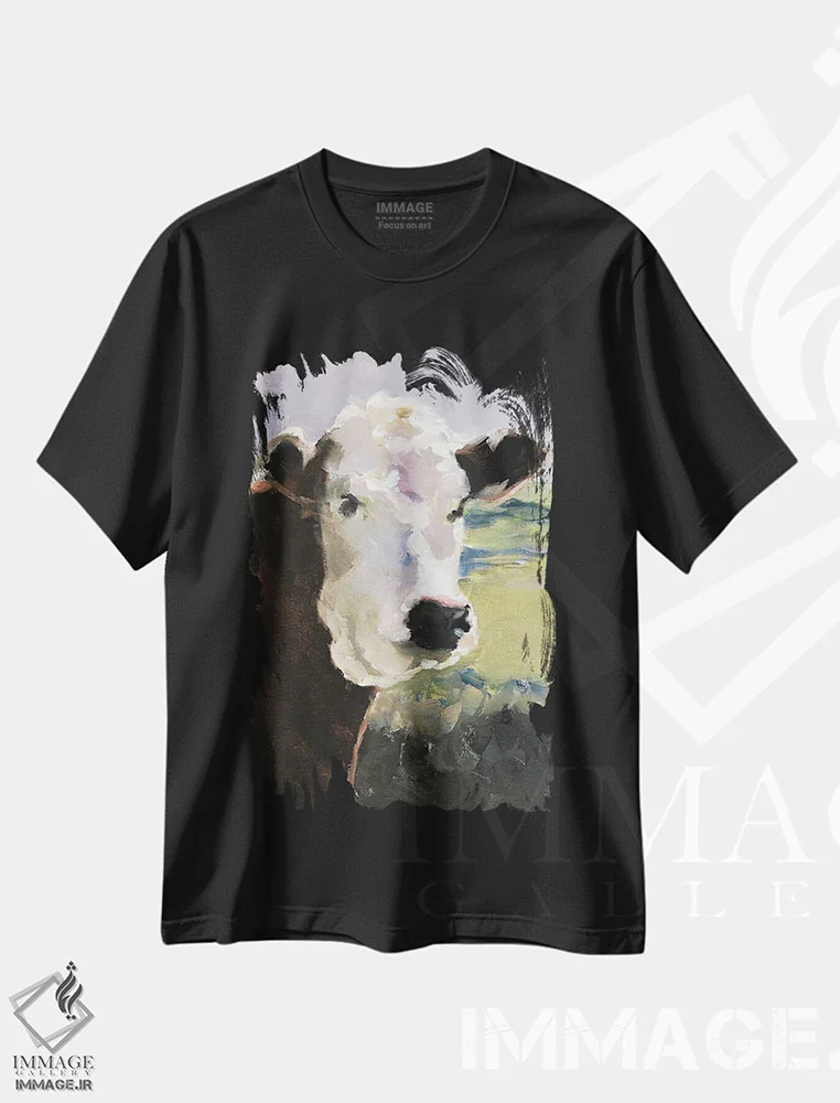 تیشرت مشکی طرح دار گاو صورت سفید، دکور معاصر اثر جیمز کوتز | فروشگاه ایماژ