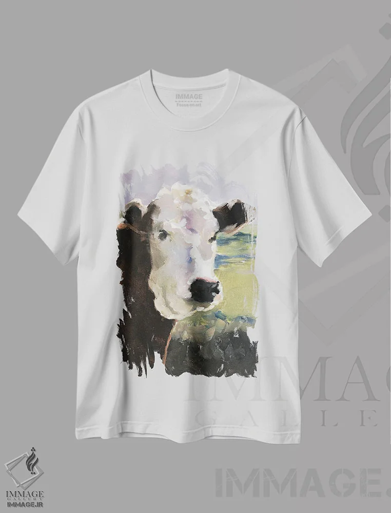 تیشرت سفید طرح دار گاو صورت سفید، دکور معاصر اثر جیمز کوتز | immage.ir