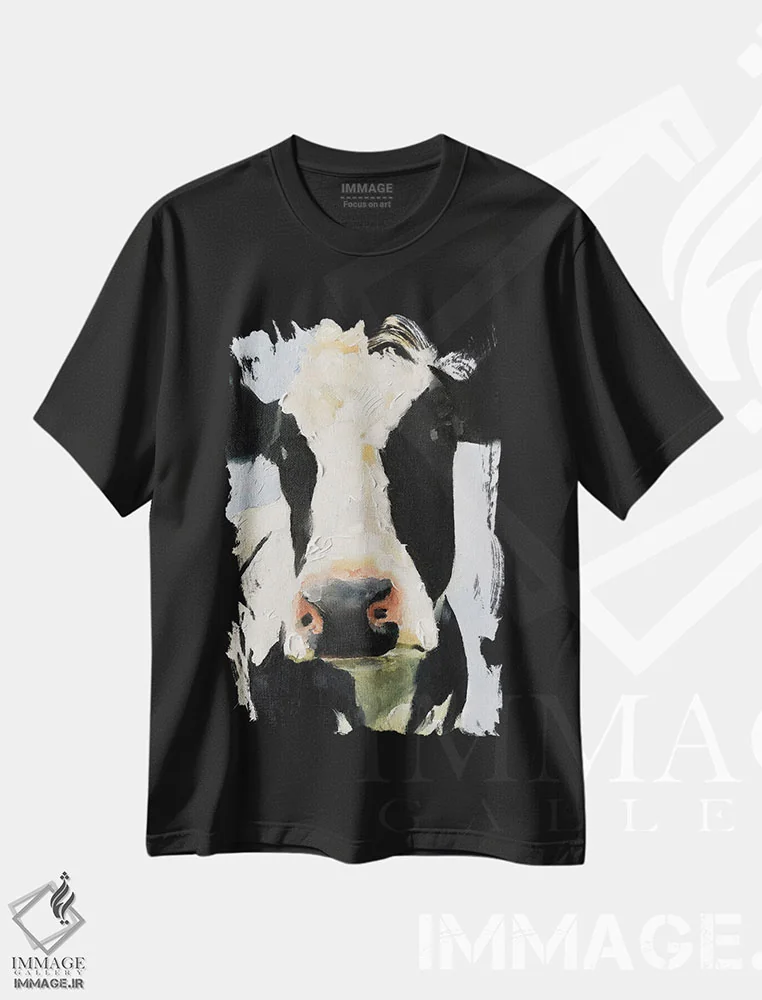 تیشرت مشکی طرح دار گاو سیاه و سفید، دکور معاصر اثر جیمز کوتز | فروشگاه ایماژ