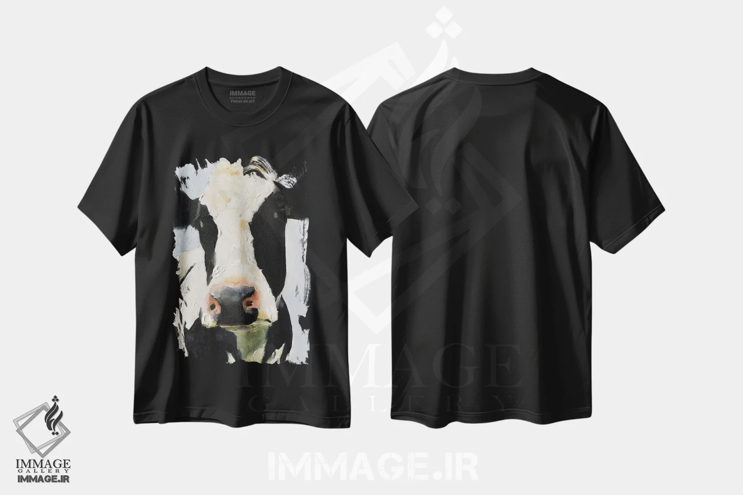 تیشرت مشکی طرح دار گاو سیاه و سفید، دکور معاصر اثر جیمز کوتز | فروشگاه ایماژ
