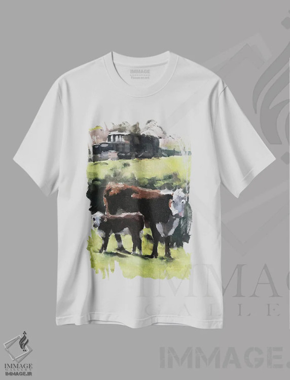 تیشرت سفید طرح دار گاو و گوساله، دکور معاصر اثر جیمز کوتز | فروشگاه ایماژ