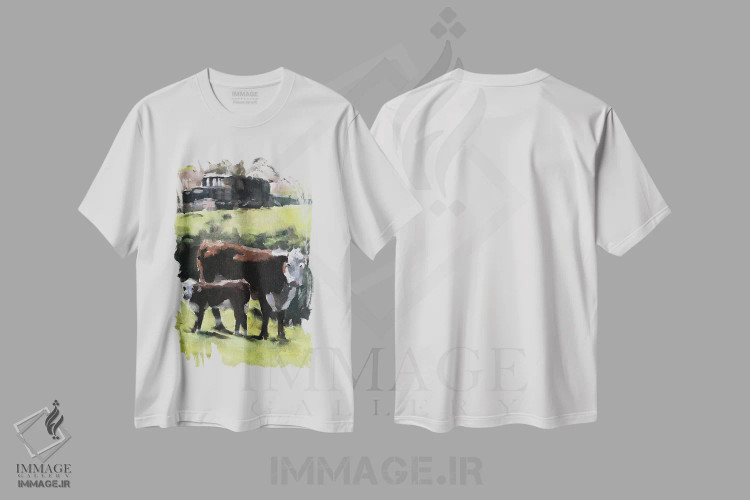 تیشرت سفید طرح دار گاو و گوساله، دکور معاصر اثر جیمز کوتز | فروشگاه ایماژ