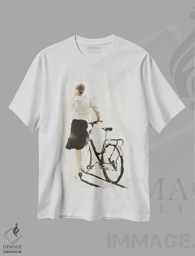 تیشرت سفید طرح دار دختر پیاده با دوچرخه، دکور معاصر اثر جیمز کوتز | فروشگاه ایماژ