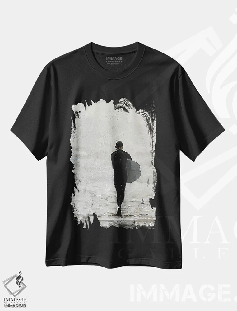 تیشرت مشکی طرح دار رفته موج سواری، دکور ساحلی اثر جیمز کوتز | فروشگاه ایماژ