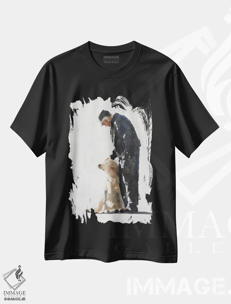 تیشرت مشکی طرح دار مرد و لابرادور طلایی اش، دکور معاصر اثر جیمز کوتز | immage.ir