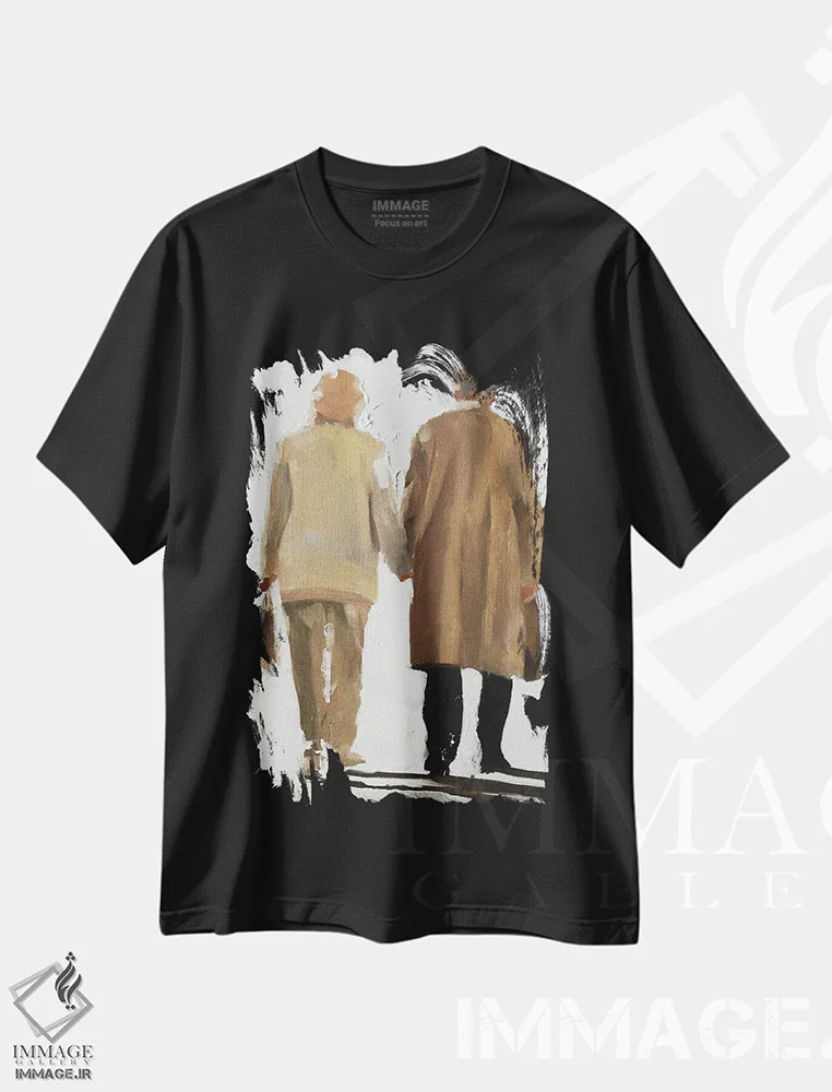تیشرت مشکی طرح دار زوج سالمند دست در دست، دکور معاصر اثر جیمز کوتز | فروشگاه ایماژ
