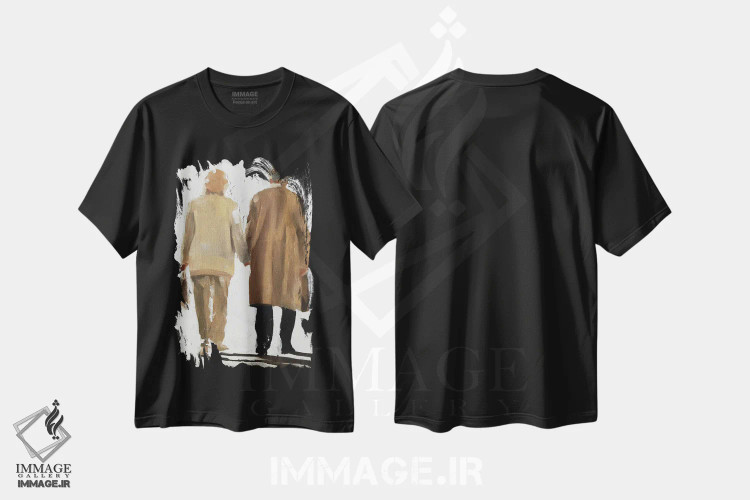 تیشرت مشکی طرح دار زوج سالمند دست در دست، دکور معاصر اثر جیمز کوتز | فروشگاه ایماژ